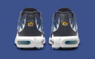 Heel angle of Nike's Air Max Plus featuring a "Blue Chill" grid pattern across the upper.