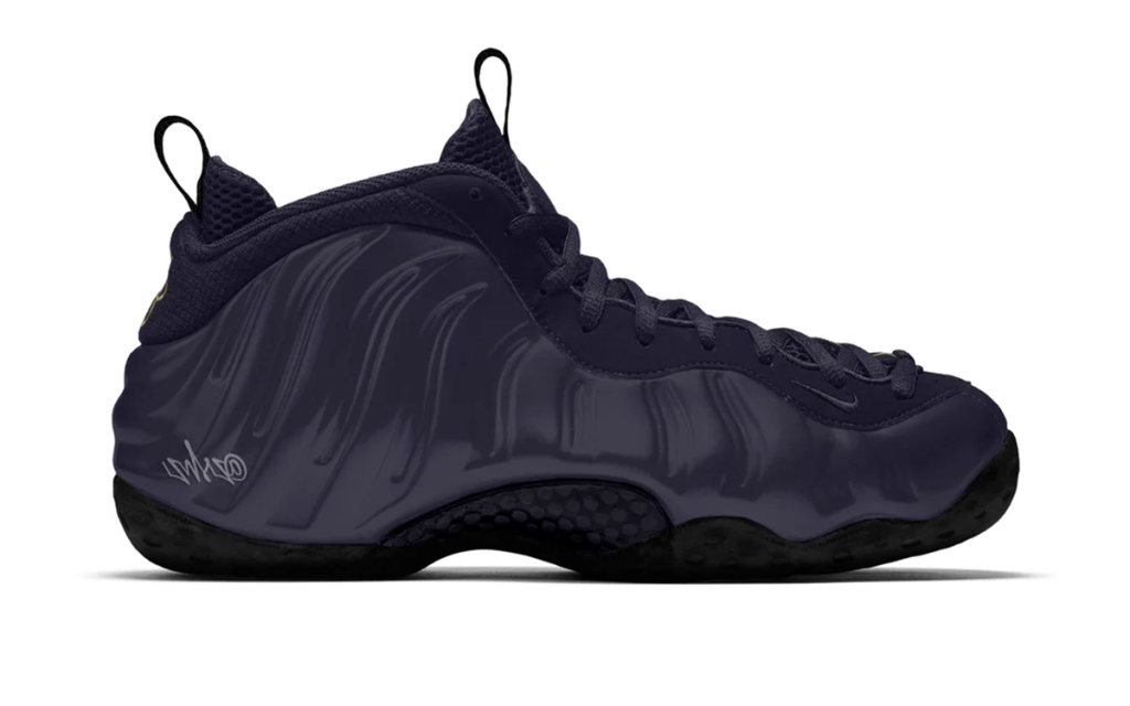 Nike Foamposite One in Obsidian colorway, showcasing the signature molded foam construction for the model's 30th anniversary release
