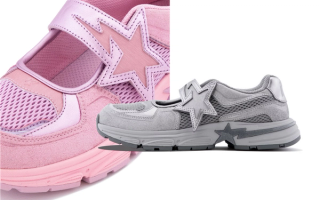 Trendy BAPE® MARY JANE STA shoe in pink & grey color schemes.