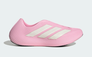 Adidas Purechill recovery slip-on in a "Cloud Pink/Cloud White/Core Black" color scheme.