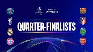 Logos for all eight football clubs competing in the 2026 UEFA Quarter-Finals—including Arsenal, FC Barcelona, Bayern Munich, Atlético de Madrid, Liverpool, Paris Saint-Germain (PSG), Real Madrid, and Sporting CP.