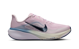 Women's Nike Pegasus 42  running shoe in a "Bleached Lilac/Work Blue/Barely Green/Blue Void" color scheme.