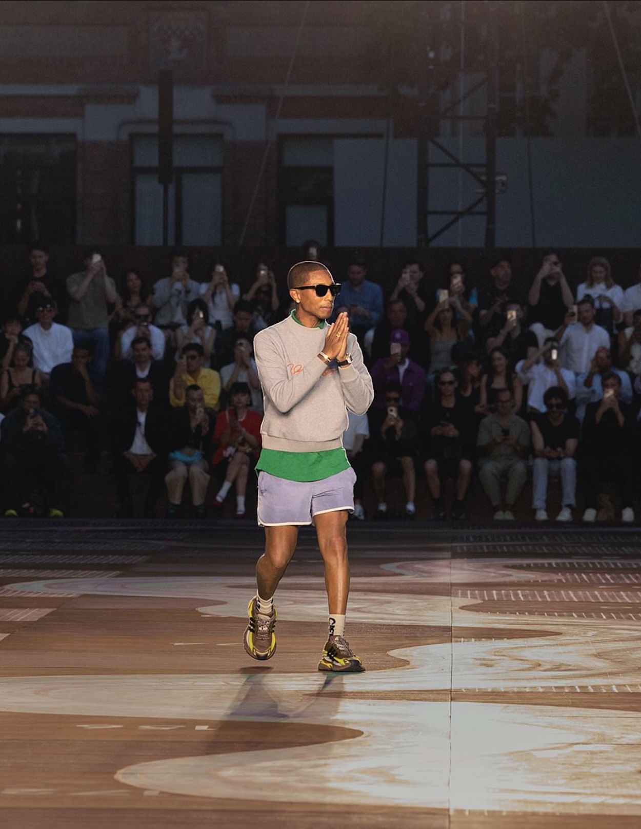 Pharrell wearing "Brown/Yellow" VIRGINIA Adistar Jellyfish in Paris after showing Louis Vuitton SS26 Men’s Collection⁠. Photo by Louis Vuitton.