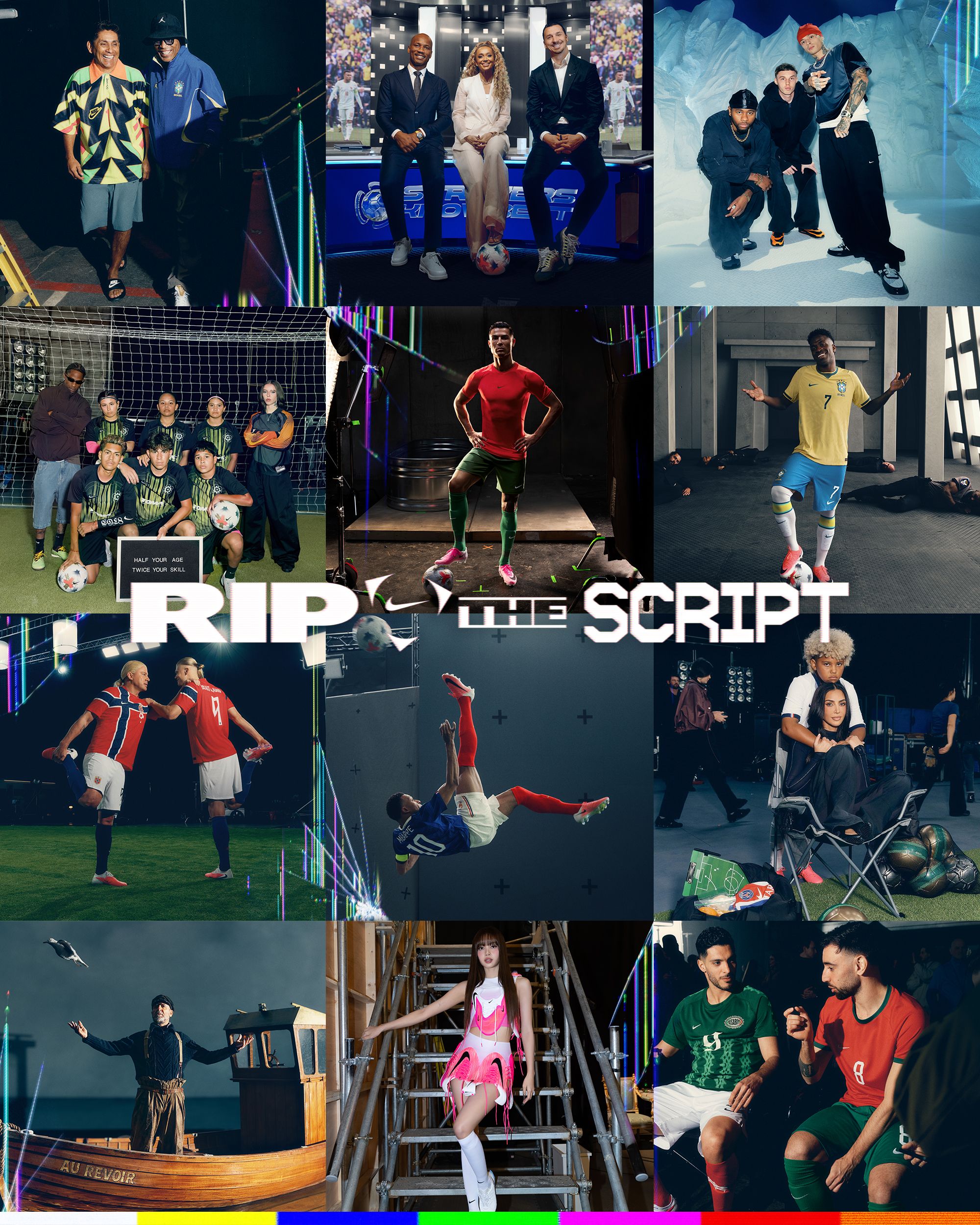 Nike Football's "Rip the Script" campaign, featuring figures like Cristiano Ronaldo, LeBron James, Kim Kardashian, Jorge Campos & Travis Scott in promotion of the brand for the 2026 World Cup™.