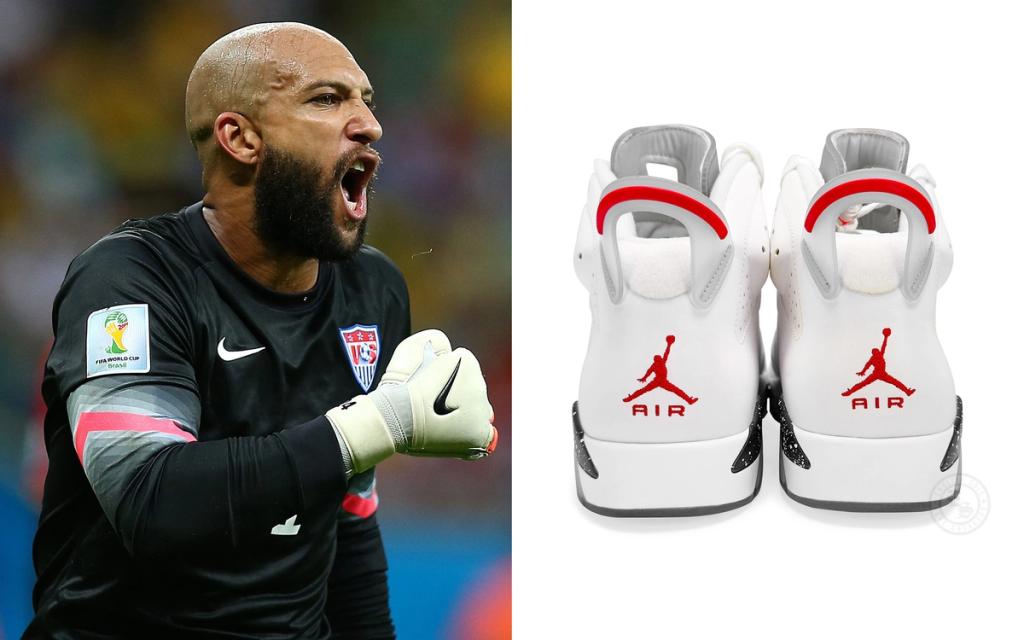 Air Jordan 6 Tim Howard player exclusive in full lateral view, showing midfoot strap and classic silhouette design