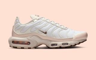 Medial angle of Nike's Air Max Plus sneaker in a "Light Orewood Brown" color scheme.
