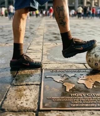 Rauw Alejandro wearing the "Velvet Brown" Kids Of Immigrants x Nike T90 Mule. Photo via Luis Abad.
