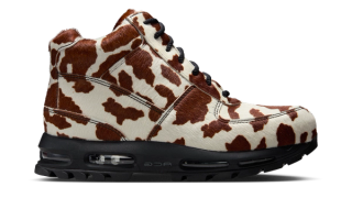 Nike Air Max Goadome covered in a "Sail/Cacao Wow/Sail/Black" color scheme, featuring faux pony hair and cow print.