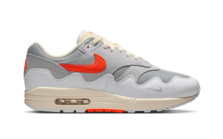 Patta x Nike Air Max 1 collaboration in white-and-orange.