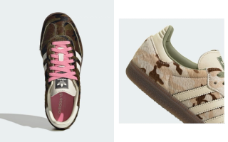 adidas Sambas covered in a white & brown camo faux pony hair. Photos via adidas.
