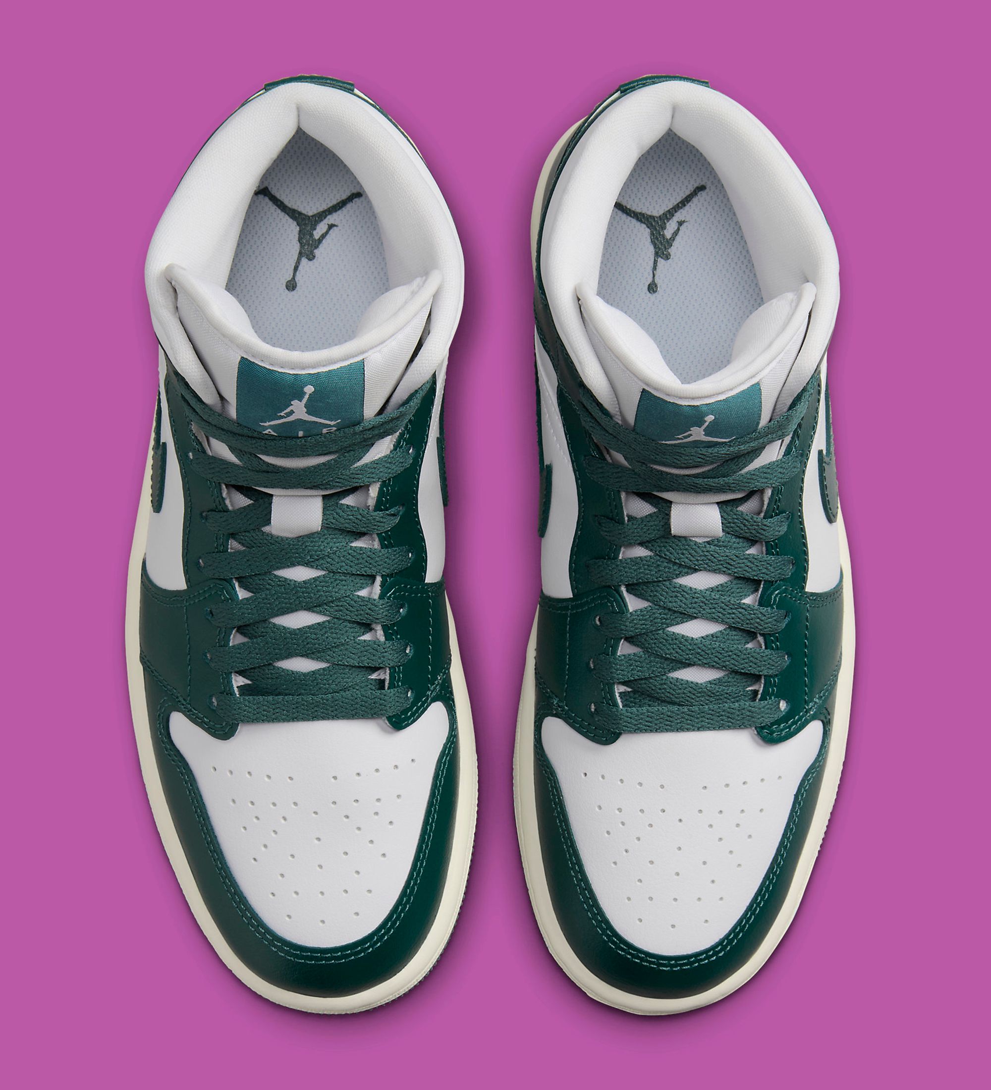 This White and Green Jordan 1 Mid is Served with Sail Midsoles 