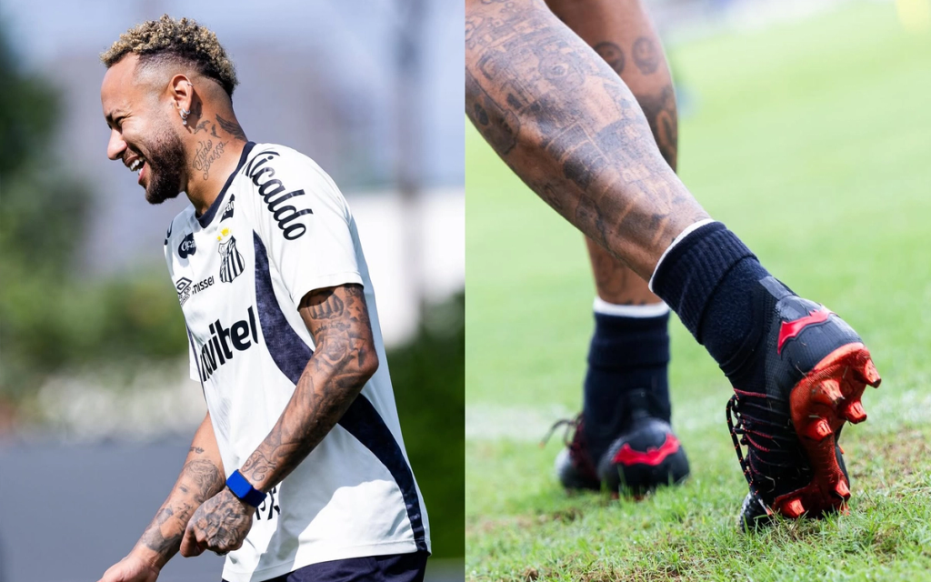 Neymar Jr. wears Batman x PUMA football boot during training session, featuring dark colorway with Batman branding