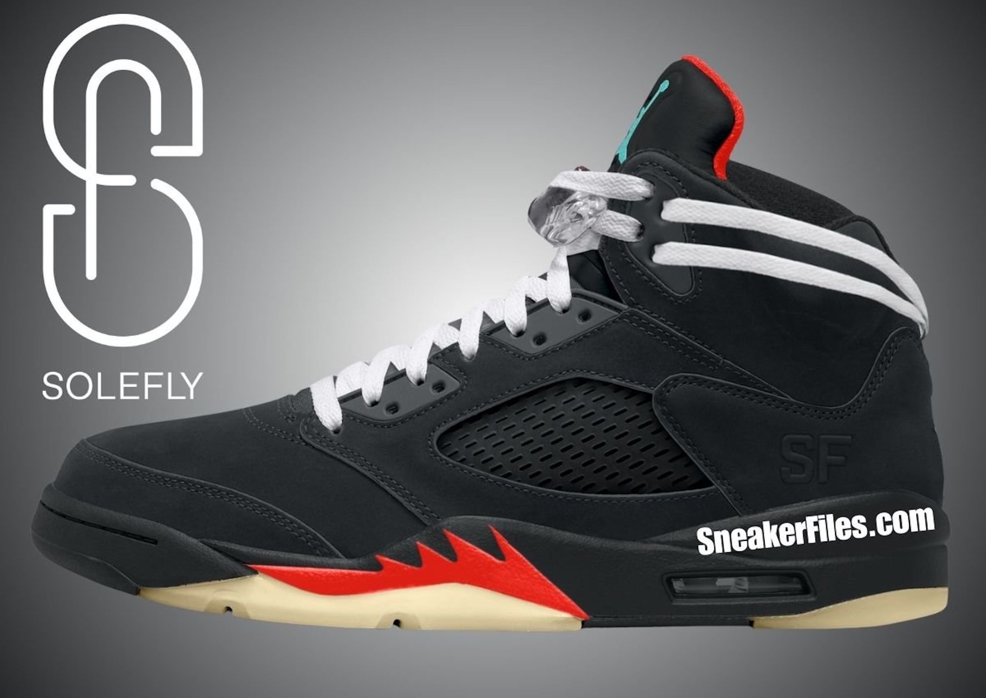Speculative mock-up of SoleFly's Air Jordan 5 collaboration in a "Black/Aurora Green/Anthracite/Muslin" color scheme.