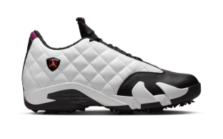 Air Jordan 14 Golf in a "White/Bordeaux/Black" color scheme.