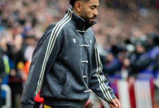 Matheus Cunha wearing grey custom Manchester United adidas Chinese New Year Jacket against Sunderland on May 9, 2026.