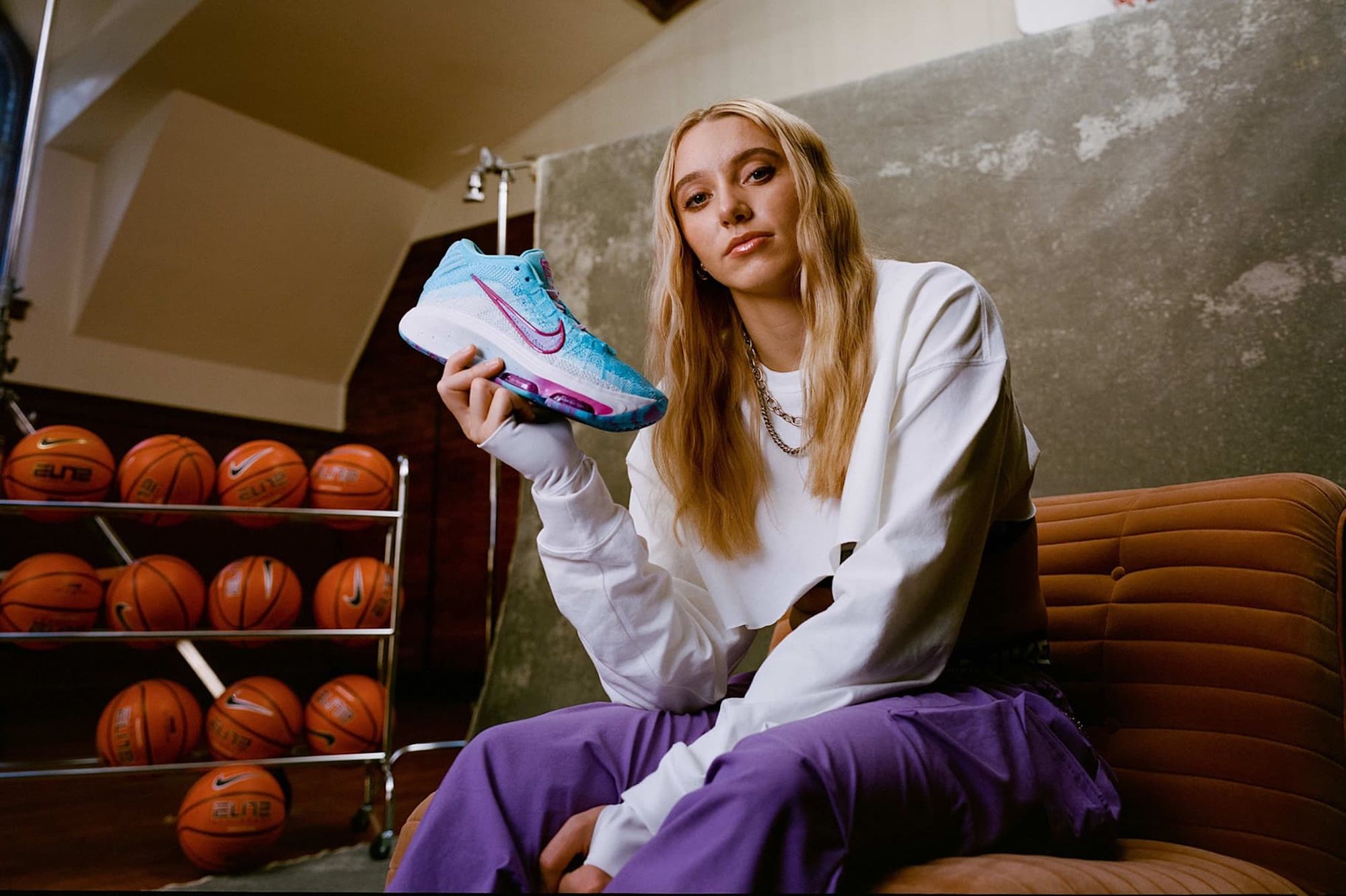 Paige Bueckers in promotional material for her Nike G.T. Hustle 3 basketball shoe.
