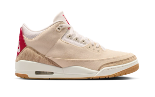 Official photo of the Levi's x Air Jordan 3 "Sail/Gym Red" collab.