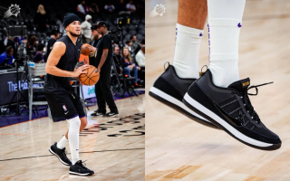 Devin Booker wearing a Nike Book 2 "Black Tie" Player-Exclusive (PE) sneaker.
