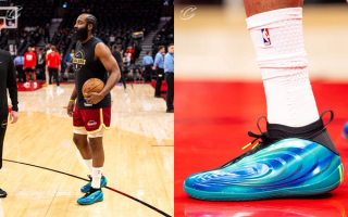James Harden wearing the Canada-exclusive "Northern Lights" adidas Harden Vol. 10 basketball sneaker.