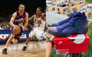Jason Kidd wearing an "Eggplant" Nike Air Flightposite PE, an upcoming "Multi-Color/Midnight Navy" retro.