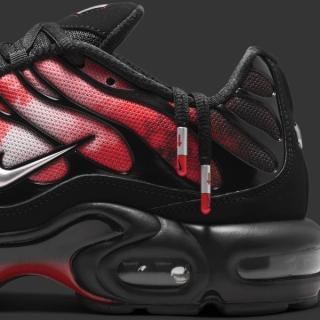 Flare-inspired Nike Air Max Plus in a "Black/University Red/Metallic Silver" color scheme.
