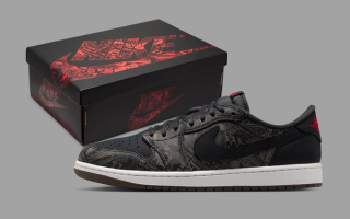Air Jordan 1 Low OG "Laser" in a "Black/University Red/Palomino/Summit White" color scheme, releasing during August 2026.