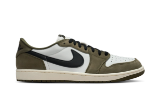 Air Jordan 1 Low OG in a "Medium Olive/Black/Summit White/Sail" color scheme.
