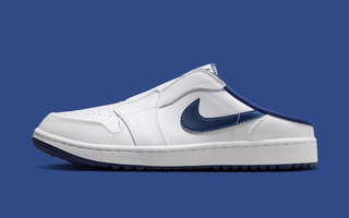 Air Jordan 1 Mule Golf shoe in a "White/Midnight Navy" color scheme.