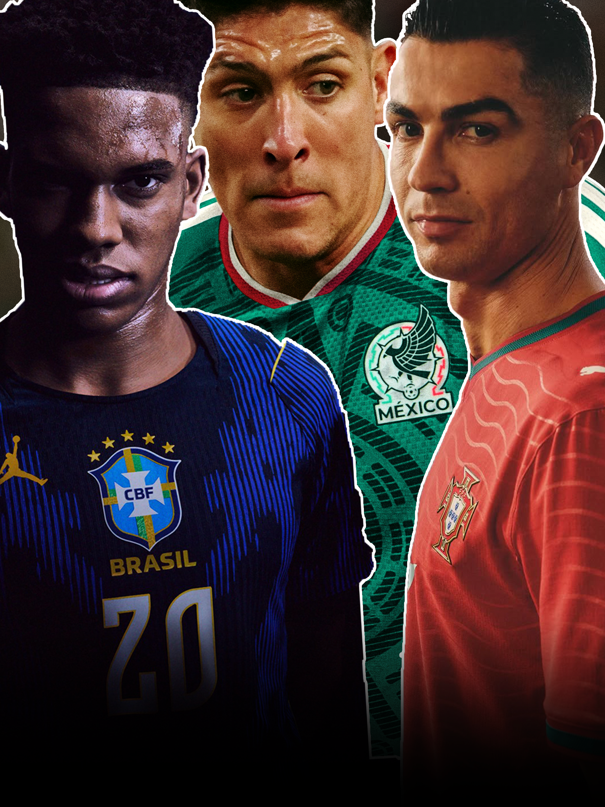 Estêvão Brazil's 2026 Away jersey by Nike/Jordan Brand; Edson Álvarez wearing Mexico's 2026 Home jersey by adidas; Cristiano Ronaldo wearing Portugal's 2026 Home jersey by PUMA.