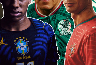 Estêvão Brazil's 2026 Away jersey by Nike/Jordan Brand; Edson Álvarez wearing Mexico's 2026 Home jersey by adidas; Cristiano Ronaldo wearing Portugal's 2026 Home jersey by PUMA.