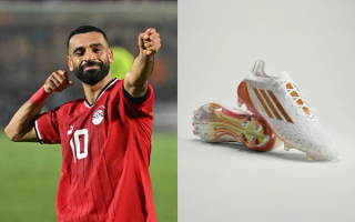 Mo Salah x adidas F50 Elite FG "The Egyptian King" football boots in a "Footwear White/Gold Metallic/Golden Beige" color scheme.