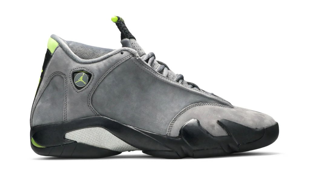 Air Jordan 14 in Chartreuse colorway, featuring neon yellow-green upper with contrasting design elements
