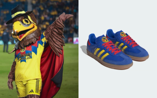 Club América x Adidas Samba (Fall 2025) in a "Hi-Res Blue/Yellow/Vivid Red" color scheme.