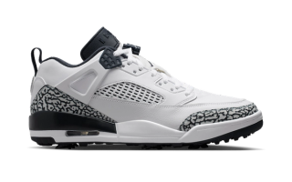 Jordan Spizike Low Golf in a "White/Pure Platinum/Obsidian" color scheme.