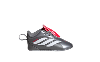 Toddler's adidas Predator 26  “Finishers Steel” bootie in an "Iron Metallic/Footwear White/Lucid Red" color scheme.