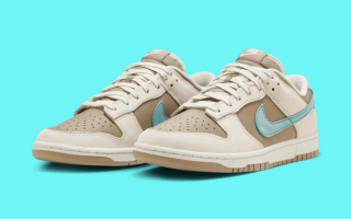 The Nike Dunk Low "Khak"i Appears With A "Denim Turquoise" Swoosh