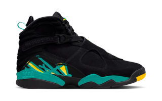 Speculative mock-up of the Air Jordan 8 "New Orleans Hornets" retro release expected January 2027. Mock-up via @SneakerHeadz & Sneaker Files.