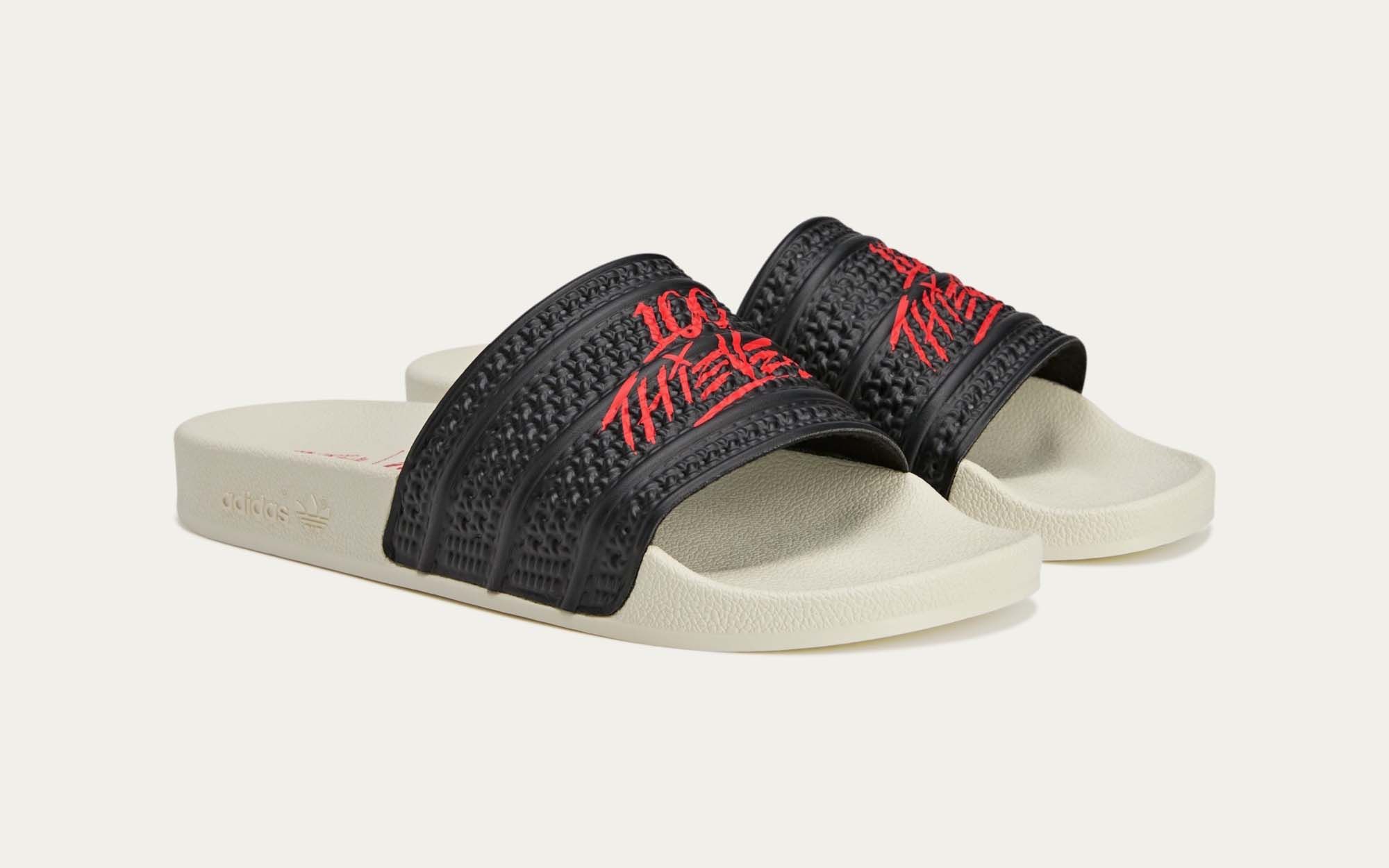 adidas x 100 Thieves ☆ Adilette 限定コラボサンダル 100 Thieves x Adidas Originals Summer 2025 Capsule Releases