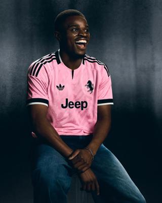 Juventus 26/27 Away Jersey in a "True Pink" color. Photo via adidas.
