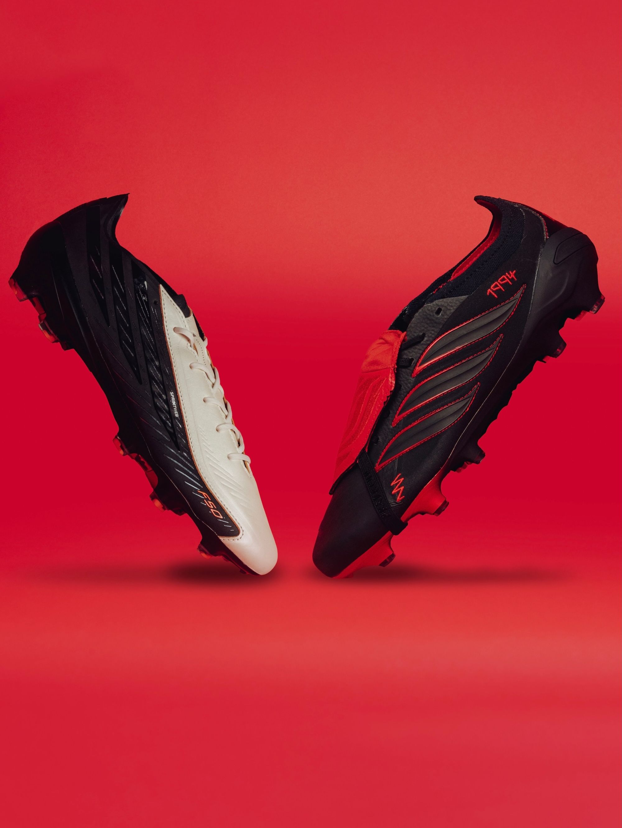 adidas Football's "Leather Tech" Pack, featuring the F50 HYPERFAST & Predator 26 in "Core Black/Core Black/Vivid Red" color schemes. Photo via adidas.