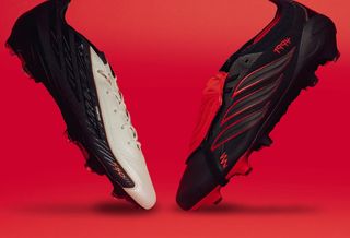 adidas Football's "Leather Tech" Pack, featuring the F50 HYPERFAST & Predator 26 in "Core Black/Core Black/Vivid Red" color schemes. Photo via adidas.
