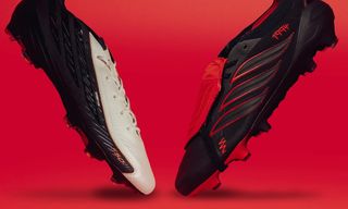 adidas Football's "Leather Tech" Pack, featuring the F50 HYPERFAST & Predator 26 in "Core Black/Core Black/Vivid Red" color schemes. Photo via adidas.