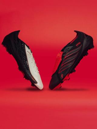 adidas Football's "Leather Tech" Pack, featuring the F50 HYPERFAST & Predator 26 in "Core Black/Core Black/Vivid Red" color schemes. Photo via adidas.