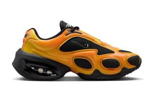 Medial angle of Nike's Air Max Muse in a yellow, black, and red color scheme.