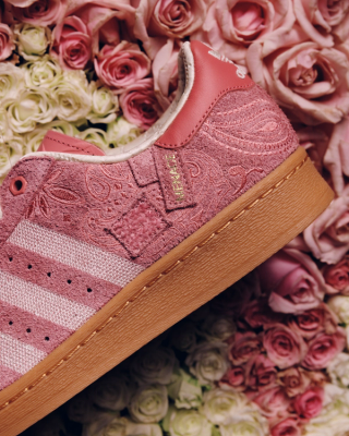 Patchwork detailing on the "Old Rose" adidas Superstar by MENACE. Photo via adidas Originals.