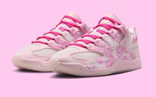 Kevin Durant's Nike KD 18 in a pink "Aunt Pearl" color scheme.