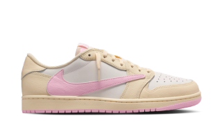 Travis Scott x Air Jordan 1 Low OG retro in a "Shy Pink" color scheme