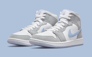 Women's Air Jordan 1 Mid in a "White/Wolf Grey/Aluminum" color scheme.
