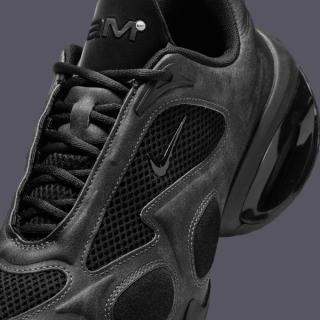Close-up view of Nike's Air Max Muse in a "Anthracite/Metallic Silver/Black" color scheme.