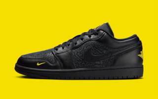 Air Jordan 1 Low "Black Elephant Print" retro in a "Black/Anthracite/Tour Yellow" color scheme.